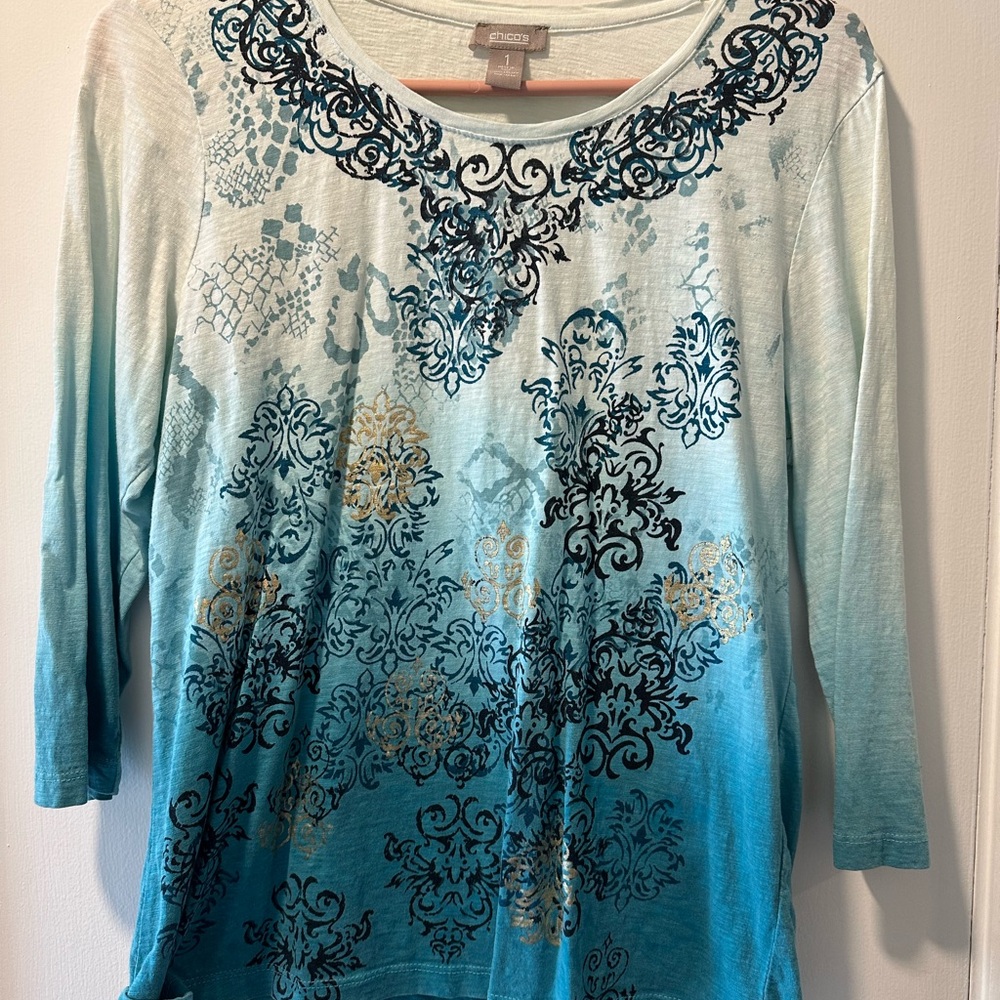 Chico's Teal and White Patterned 3/4 Sleeve Top